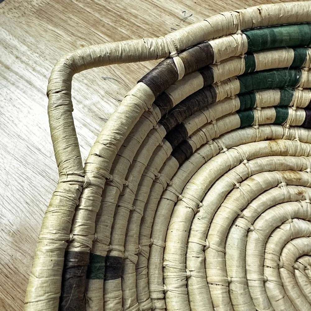 Handwoven Coiled Woven Straw Basket Tray Round Green Purple Geometric 15in